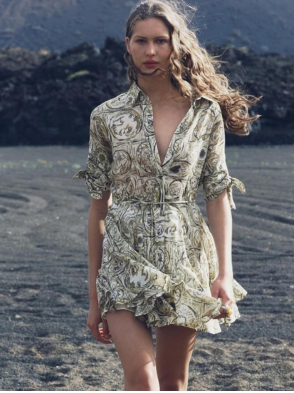 Zara Olive and Cream Paisley Tie-Waist Mini Dress. Size L. Style 2183/047/098